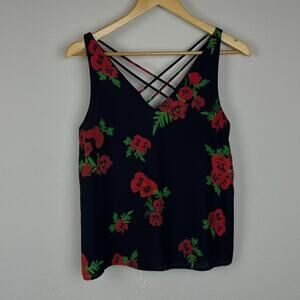 Express Floral‎ Sleeveless Top – Size XS – Black & Red – Y2K Soft Girl Bloomcore